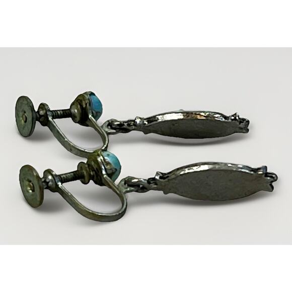 Turquoise Screwback Earring Set Vintage Dangle Silver Plated Southwestern Retro - Picture 5 of 12